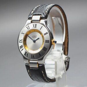 Cartier Black Strap Ladies Golden Accent Watch Full Box